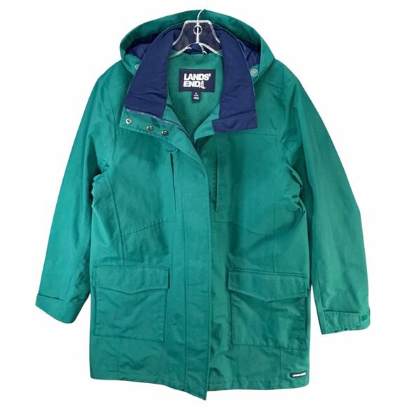 Lands End Squall Raincoat Women L Green Hooded Jacket Waterproof Outdoor Travel - Picture 1 of 16